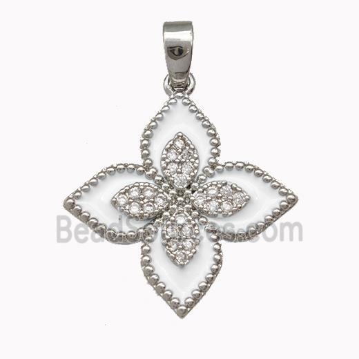 Copper Clover Pendant Micro Pave Zirconia White Enamel Platinum Plated