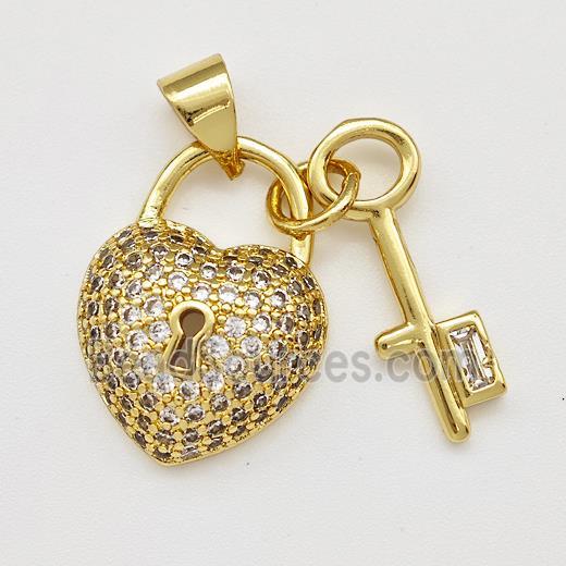 Copper Heart Lock Pendant Pave Zirconia Key Gold Plated