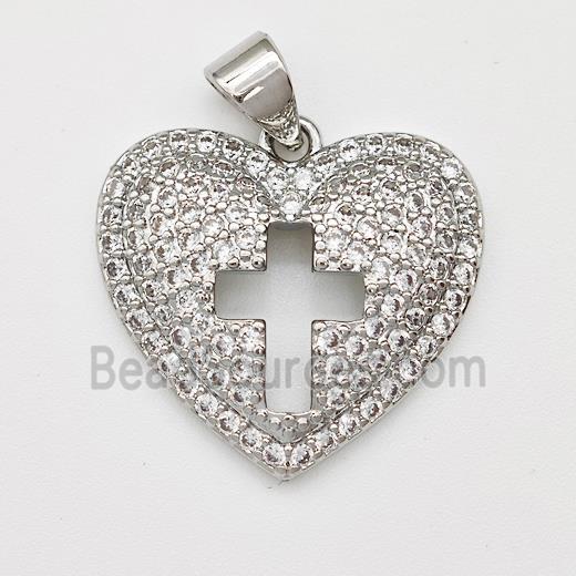 Copper Heart Pendant Micro Pave Zirconia Cross Platinum Plated