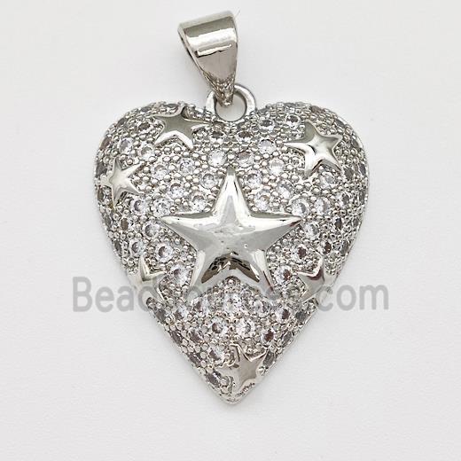 Copper Heart Pendant Micro Pave Zirconia Star Platinum Plated