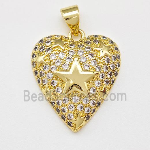 Copper Heart Pendant Micro Pave Zirconia Star Gold Plated