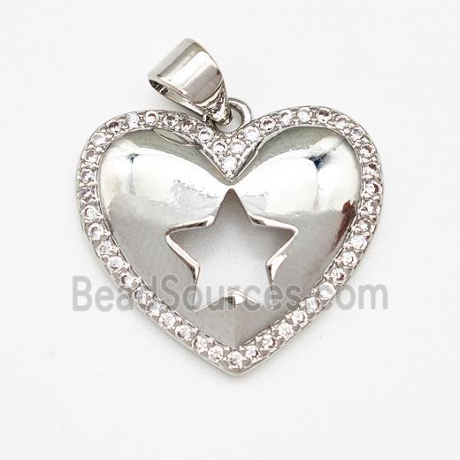 Copper Heart Pendant Micro Pave Zirconia Star Platinum Plated