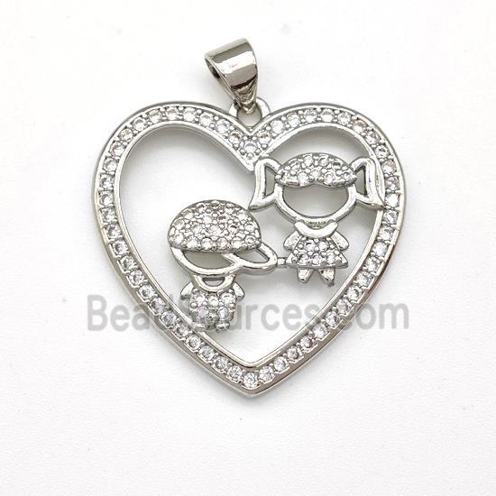 Copper Heart Pendant Micro Pave Zirconia Kids Platinum Plated