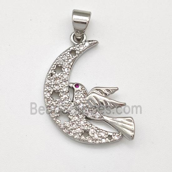 Copper Birds Pendant Micro Pave Zirconia Moon Platinum Plated