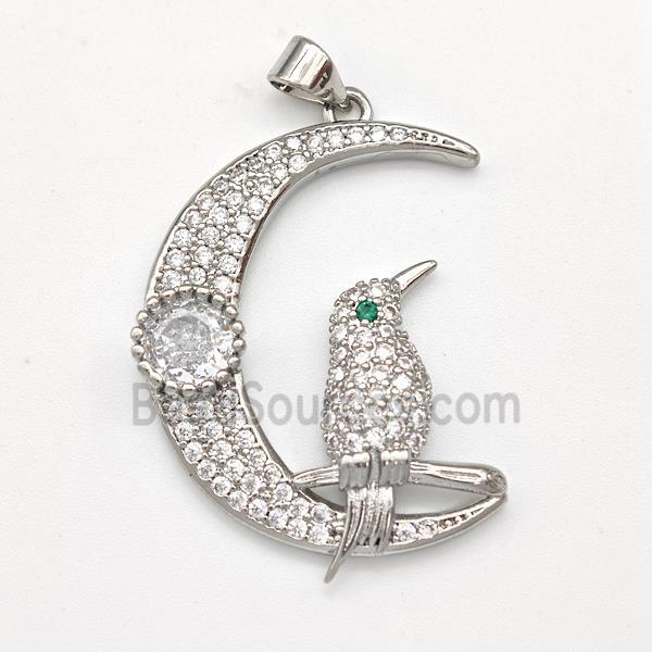 Copper Birds Pendant Micro Pave Zirconia Moon Platinum Plated