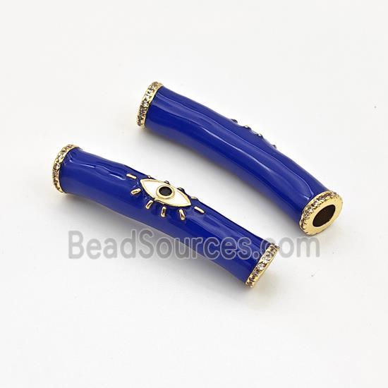 Copper Curved Tube Beads Micro Pave Zirconia Eye Blue Enamel Gold Plated