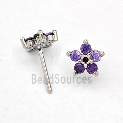 Copper Flower Stud Earring Micro Pave Zirconia Platinum Plated