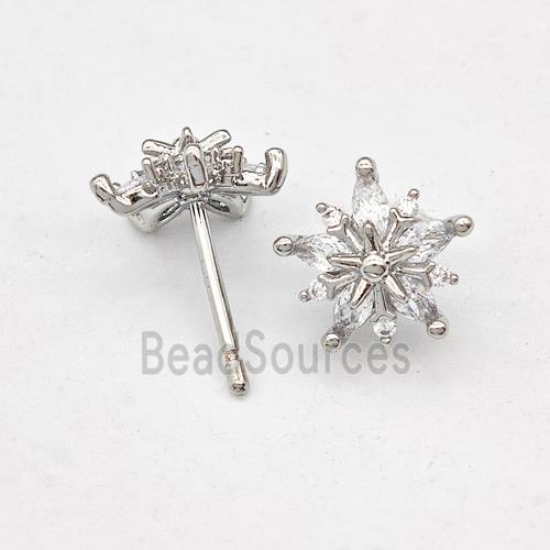 Copper Flower Stud Earring Micro Pave Zirconia Platinum Plated