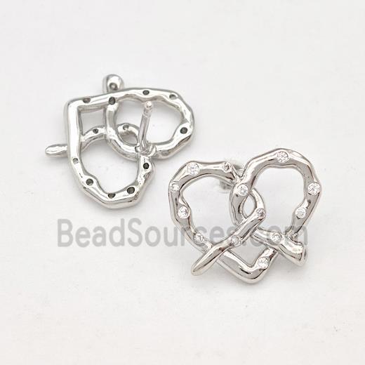 Copper Heart Stud Earring Pave Zirconia Platinum Plated