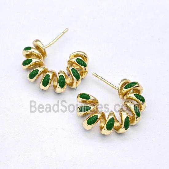 Copper Stud Earring Green Enamel Gold Plated