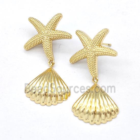 Copper Starfish Stud Earring With Sea Shell Gold Plated