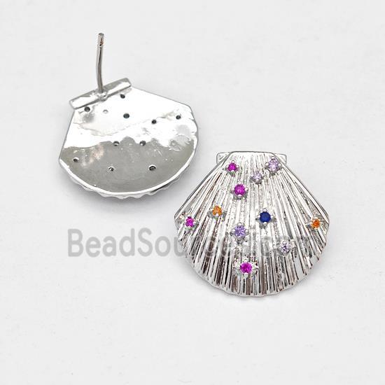 Copper ScallopShell Stud Earring Micro Pave Zirconia Platinum Plated