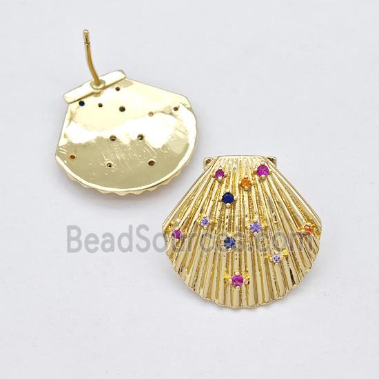 Copper ScallopShell Stud Earring Micro Pave Zirconia Gold Plated