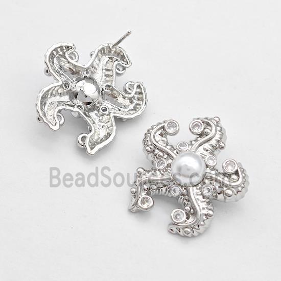 Copper Starfish Stud Earrings Pave Zirconia Pearlized Resin Platinum Plated