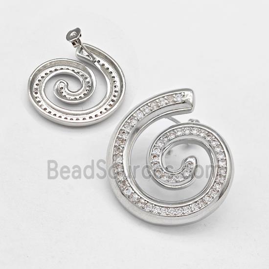 Copper Spiral Stud Earring Pave Zirconia Platinum Plated