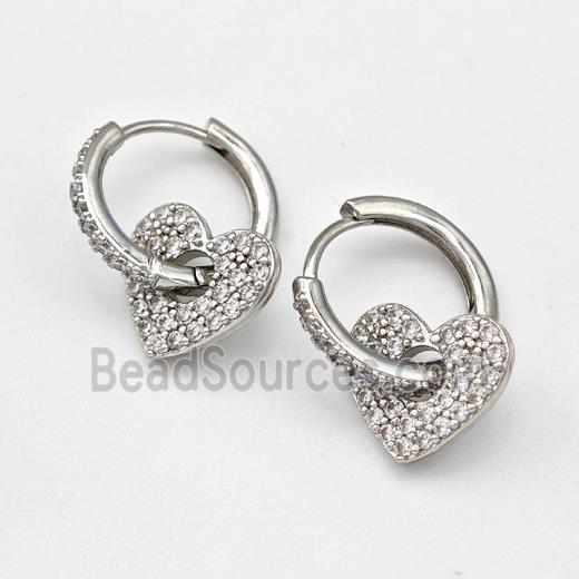 Copper Hoop Earrings Heart Pave Zirconia Platinum Plated