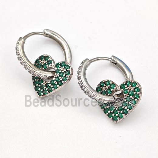 Copper Hoop Earrings Heart Pave Green Zirconia Platinum Plated