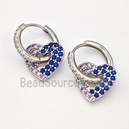 Copper Hoop Earrings Heart Pave Zirconia Platinum Plated