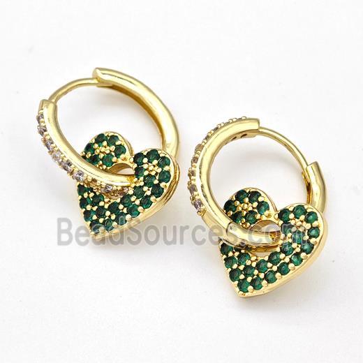 Copper Hoop Earrings Heart Pave Green Zirconia Gold Plated