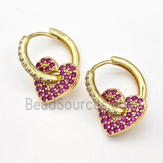 Copper Hoop Earrings Heart Pave Pink Zirconia Gold Plated