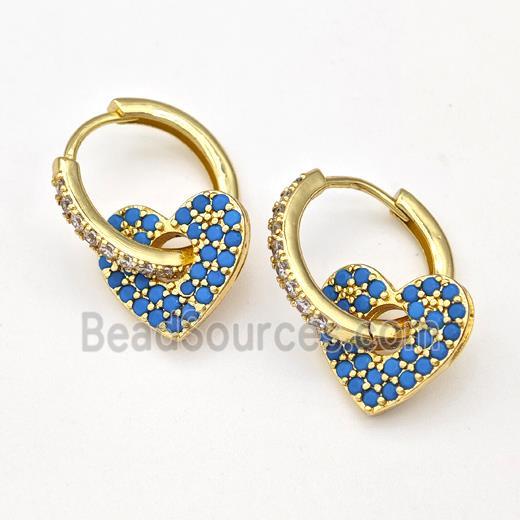 Copper Hoop Earrings Heart Pave Blue Zirconia Gold Plated