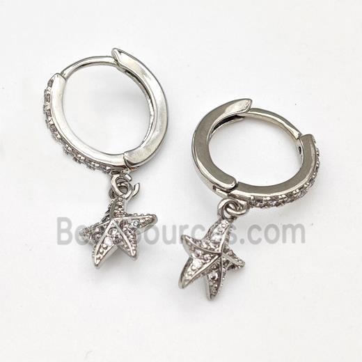 Copper Starfish Hoop Earrings Pave Zirconia Platinum Plated