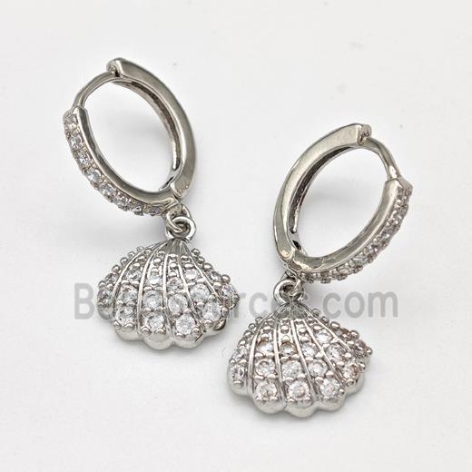 Copper Hoop Earrings Scallop Shell Pave Zirconia Platinum Plated