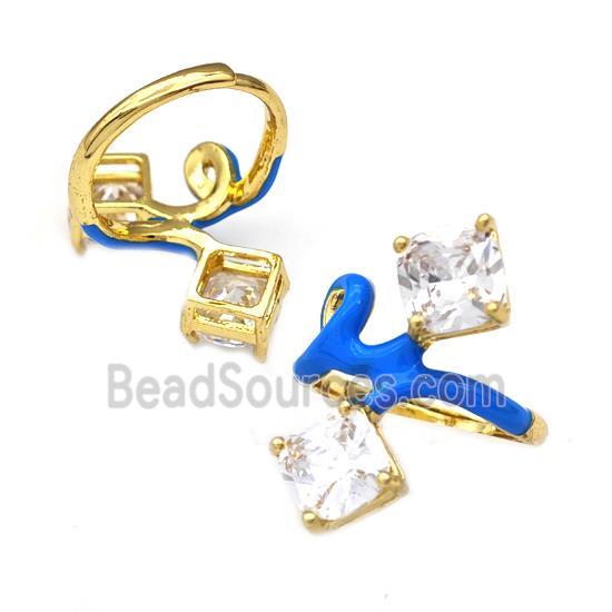 Copper Rings Pave Zirconia Blue Enamel Adjustable Gold Plated