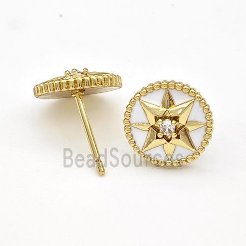 Copper Northstar Stud Earring Pave Zirconia White Enamel Circle Gold Plated