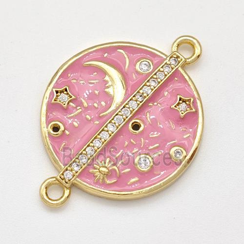 Copper Moon Star Connector Pave Zirconia Pink Enamel Circle Gold Plated