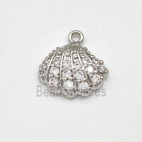 Scallop Shell Charms Copper Pendant Micro Pave Zirconia Platinum Plated