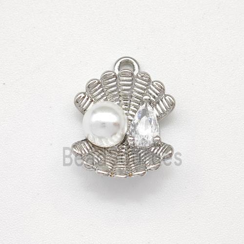 Scallop Shell Charms Copper Pendant Pave Pearlized Resin Platinum Plated