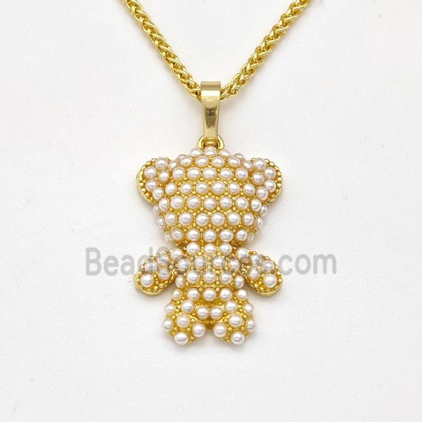 Copper Bear Necklace Pave Pearlized Resin Gold Plated