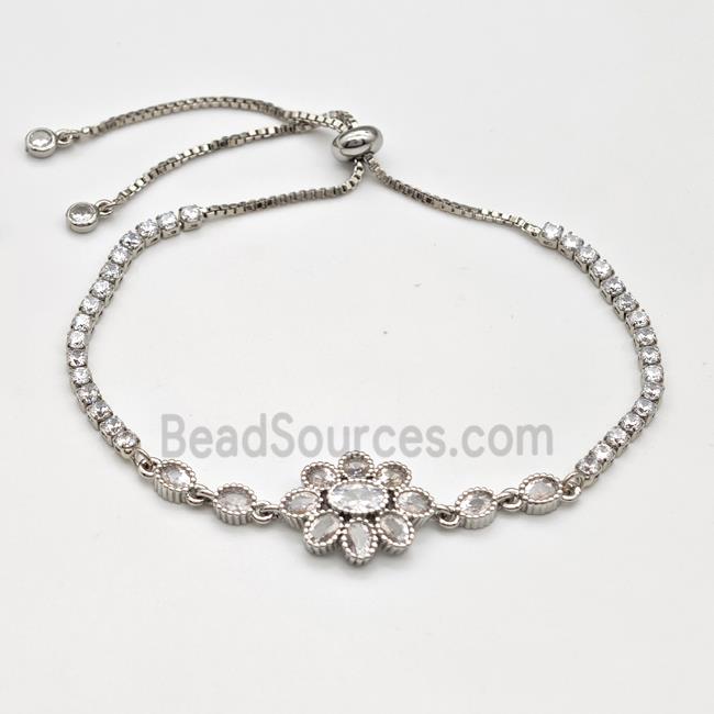 Copper Flower Bracelet Pave Zirconia Adjustable Platinum Plated