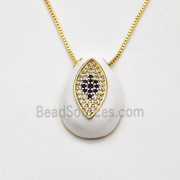 Copper Evil Eye Necklace Pave Zirconia White Enamel Teardrop Gold Plated