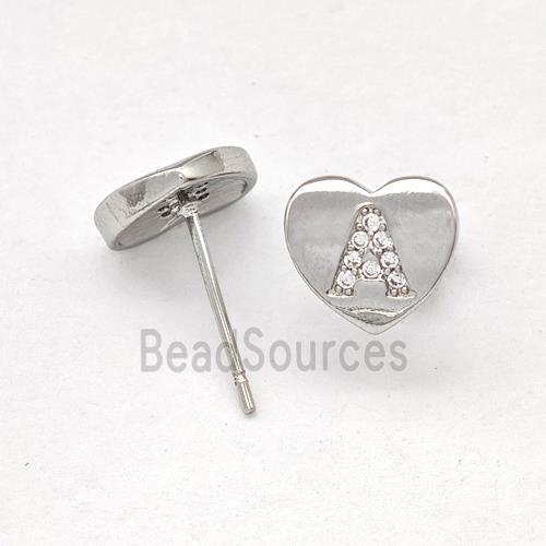 Copper Heart Stud Earring Pave Zirconia Letter-A Platinum Plated