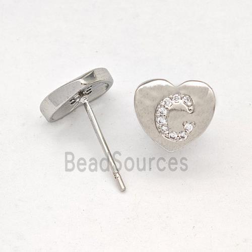 Copper Heart Stud Earring Pave Zirconia Letter-C Platinum Plated