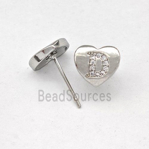 Copper Heart Stud Earring Pave Zirconia Letter-D Platinum Plated