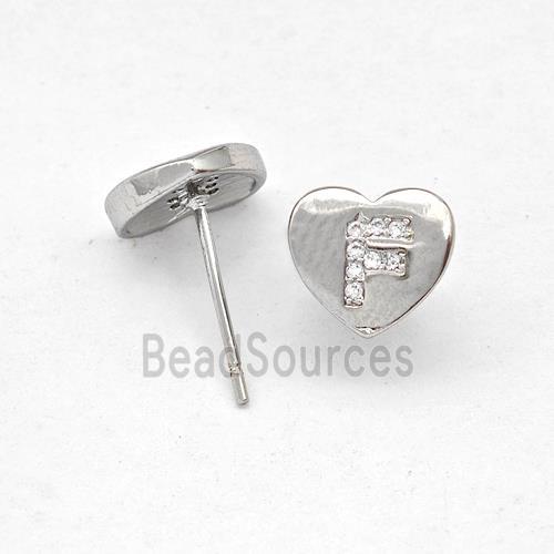 Copper Heart Stud Earring Pave Zirconia Letter-F Platinum Plated