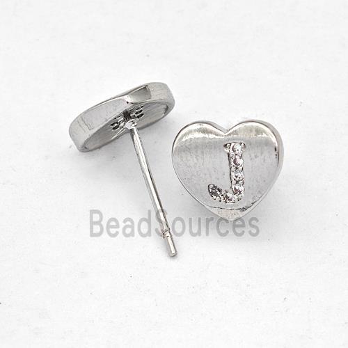 Copper Heart Stud Earring Pave Zirconia Letter-J Platinum Plated