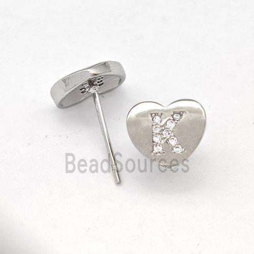 Copper Heart Stud Earring Pave Zirconia Letter-K Platinum Plated