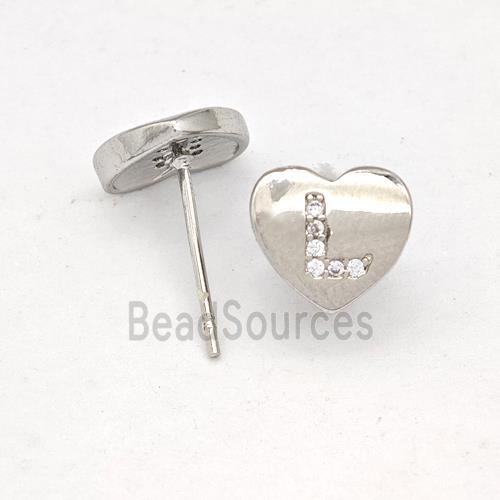 Copper Heart Stud Earring Pave Zirconia Letter-L Platinum Plated