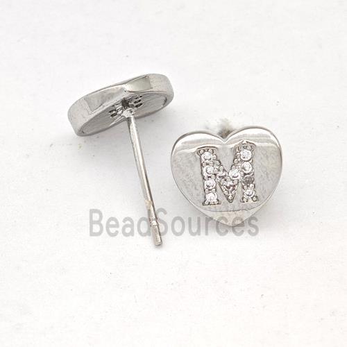 Copper Heart Stud Earring Pave Zirconia Letter-M Platinum Plated