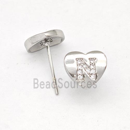 Copper Heart Stud Earring Pave Zirconia Letter-N Platinum Plated