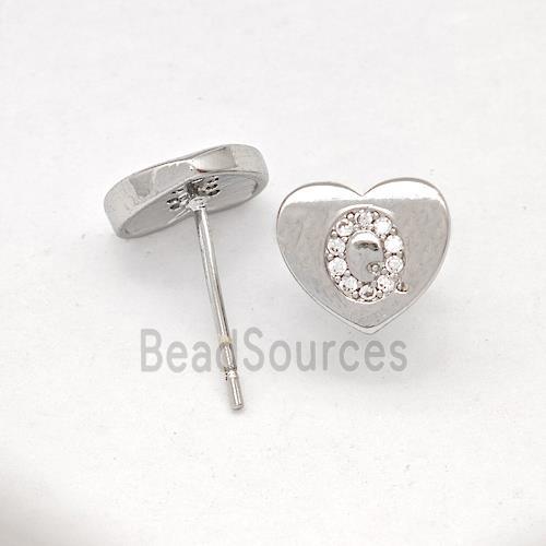 Copper Heart Stud Earring Pave Zirconia Letter-Q Platinum Plated