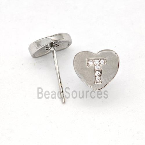 Copper Heart Stud Earring Pave Zirconia Letter-T Platinum Plated