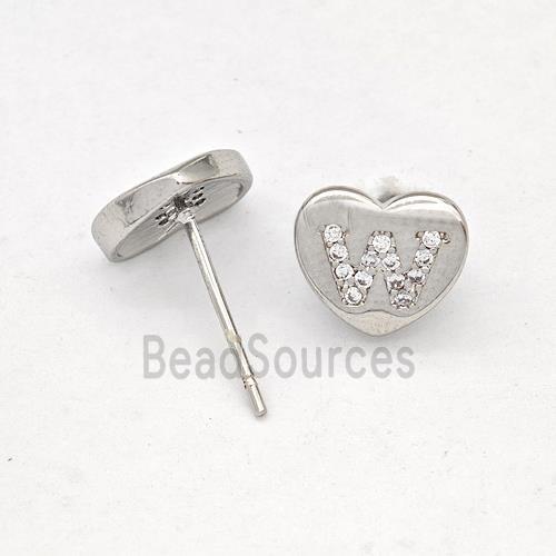 Copper Heart Stud Earring Pave Zirconia Letter-W Platinum Plated