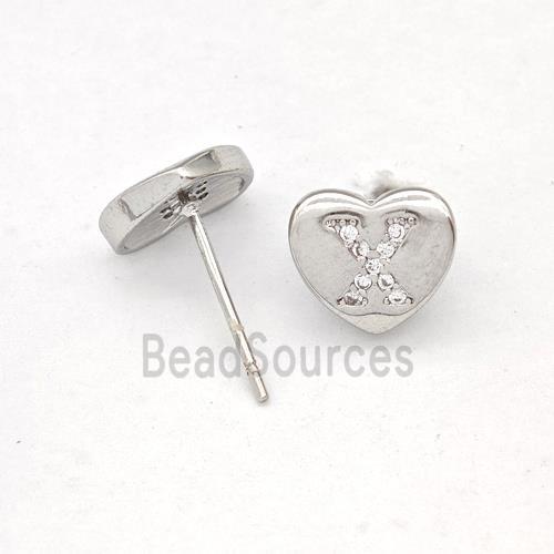 Copper Heart Stud Earring Pave Zirconia Letter-X Platinum Plated