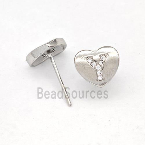 Copper Heart Stud Earring Pave Zirconia Letter-Y Platinum Plated