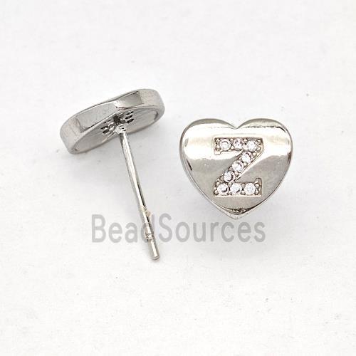 Copper Heart Stud Earring Pave Zirconia Letter-Z Platinum Plated